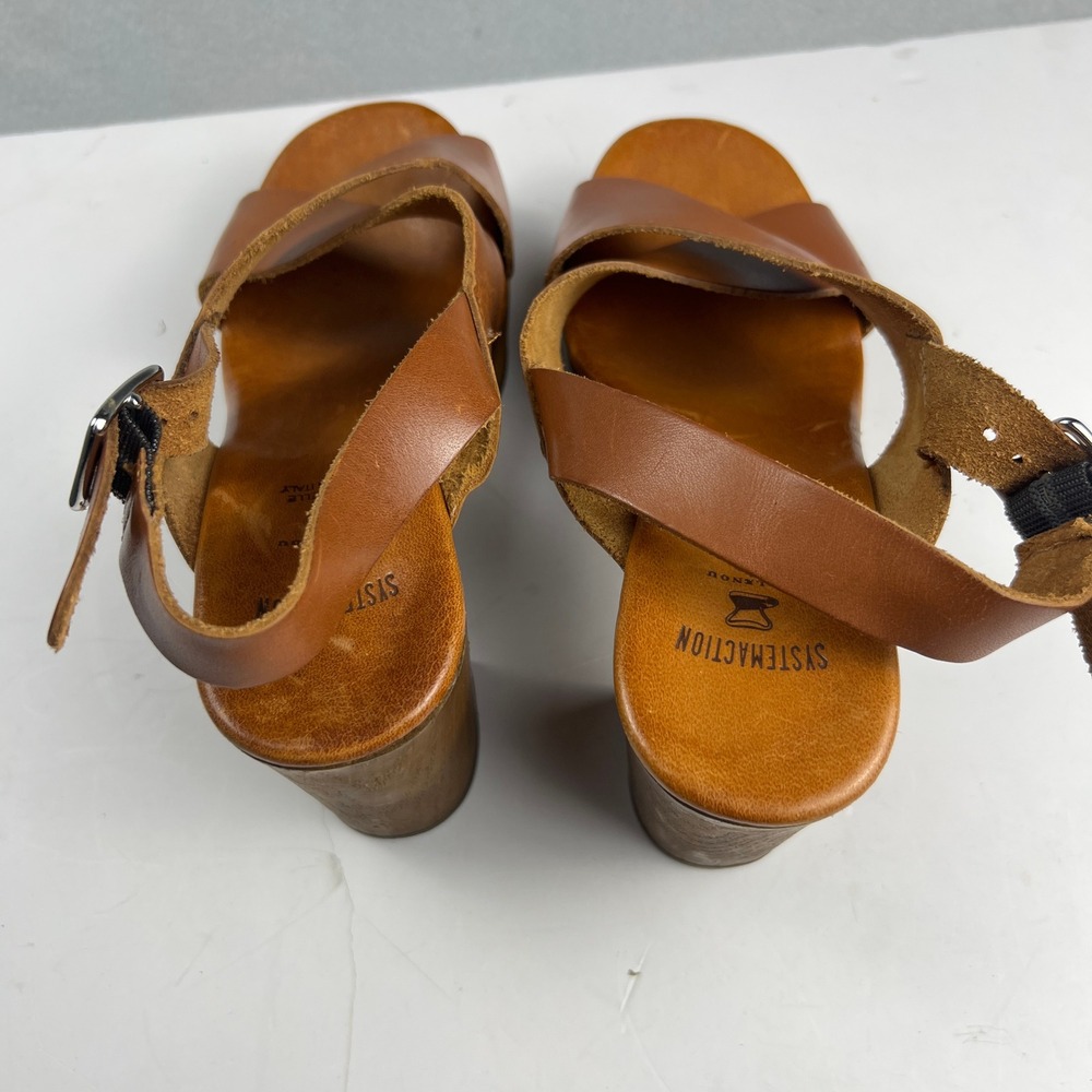 Brown Leather Wood Block Heel Boho Retro Platform Sandals Made in Italy Size 7 - Picture 9 of 16
